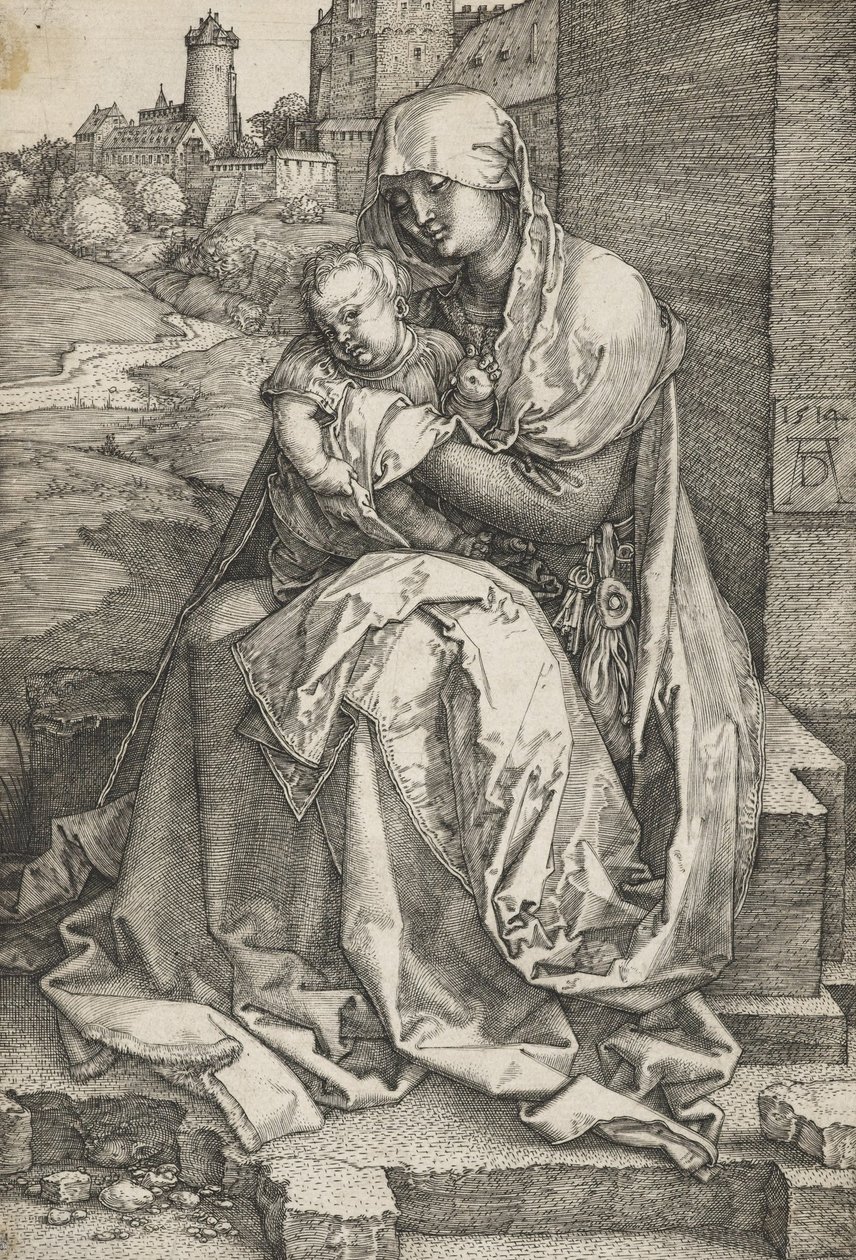 Die Jungfrau sitzt an einer Mauer von Albrecht Dürer