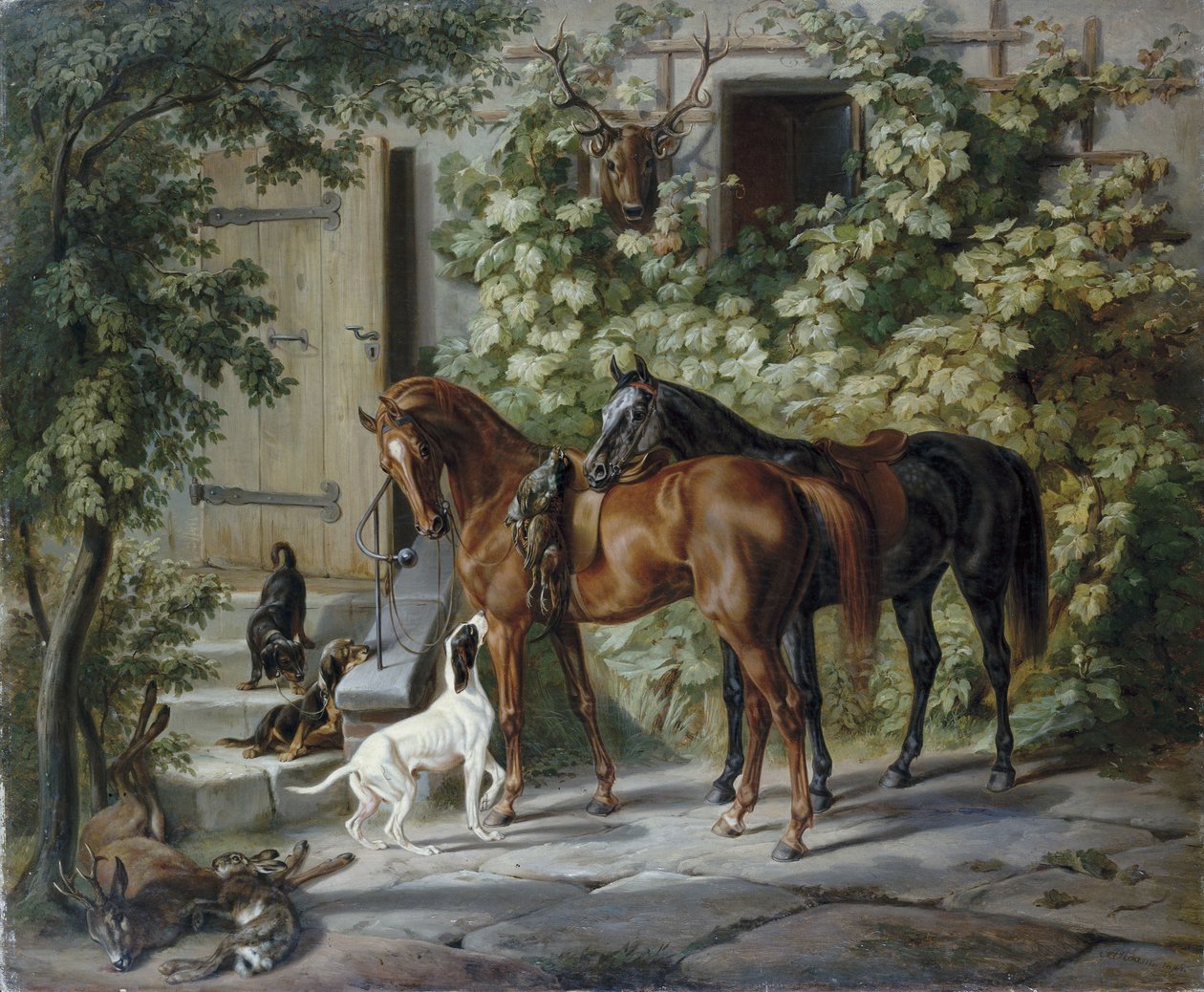 Pferde an der Veranda von Albrecht Adam