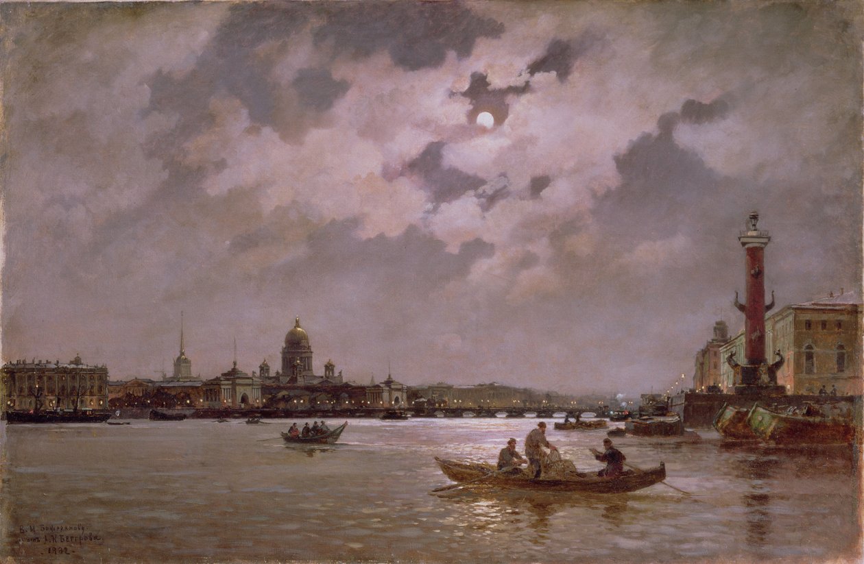 Blick auf die Newa und die Admiralteyskaya-Uferpromenade bei Mondlicht, 1882 von Aleksandr Karlovich Beggrov