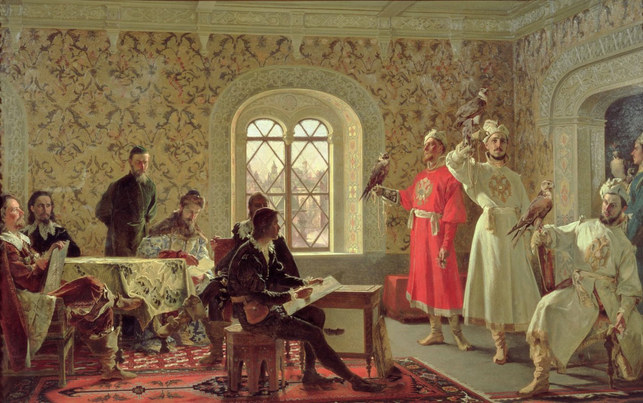 Der italienische Botschafter Calvuci zeichnet die Falken von Zar Alexei Michailowitsch (1629-76), 1889 von Alexander Dimitrievitch Litovtchenko