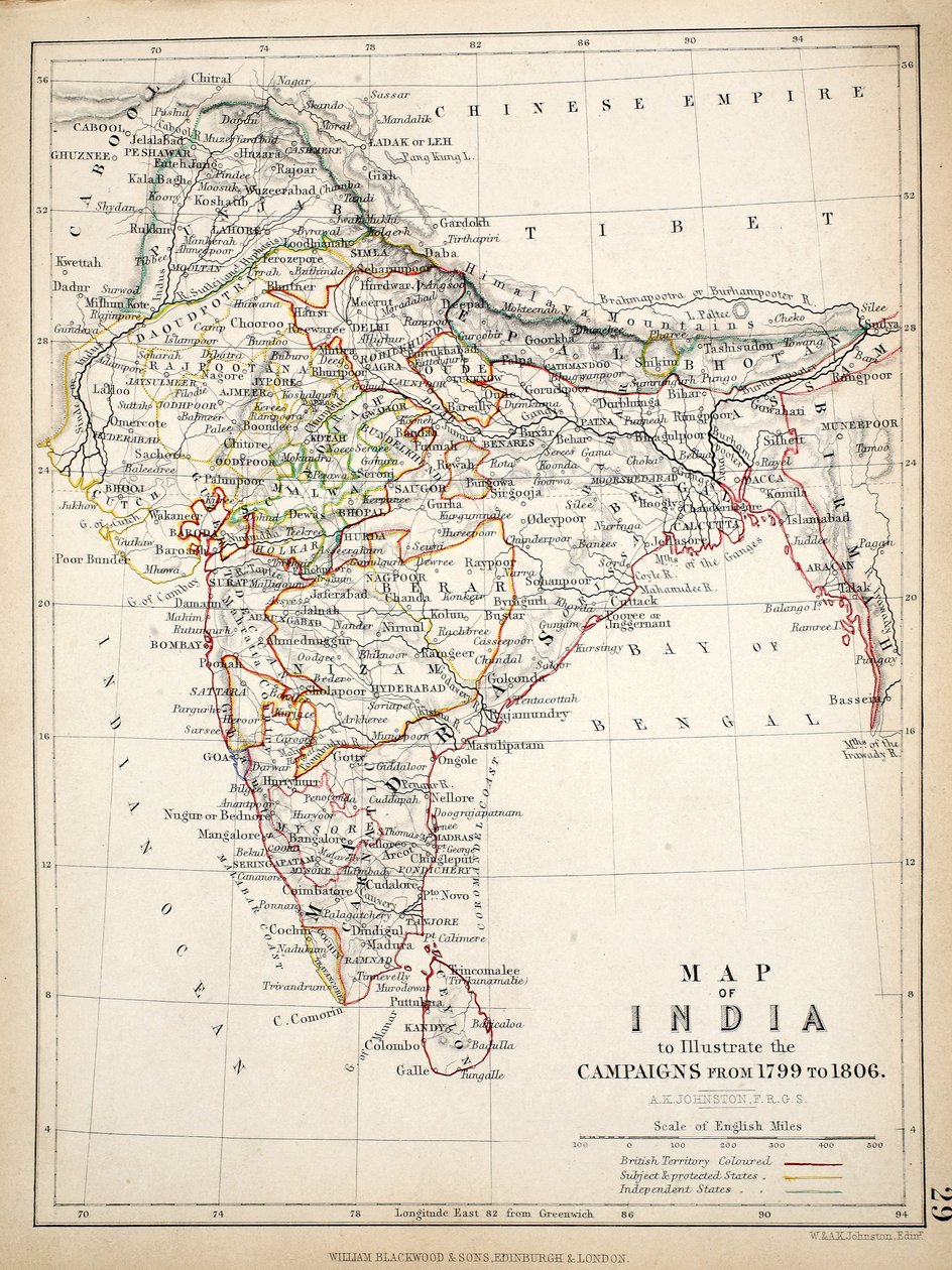 Karte von Indien, veröffentlicht von William Blackwood und Sons, Edinburgh und London, 1848 von Alexander Keith Johnston