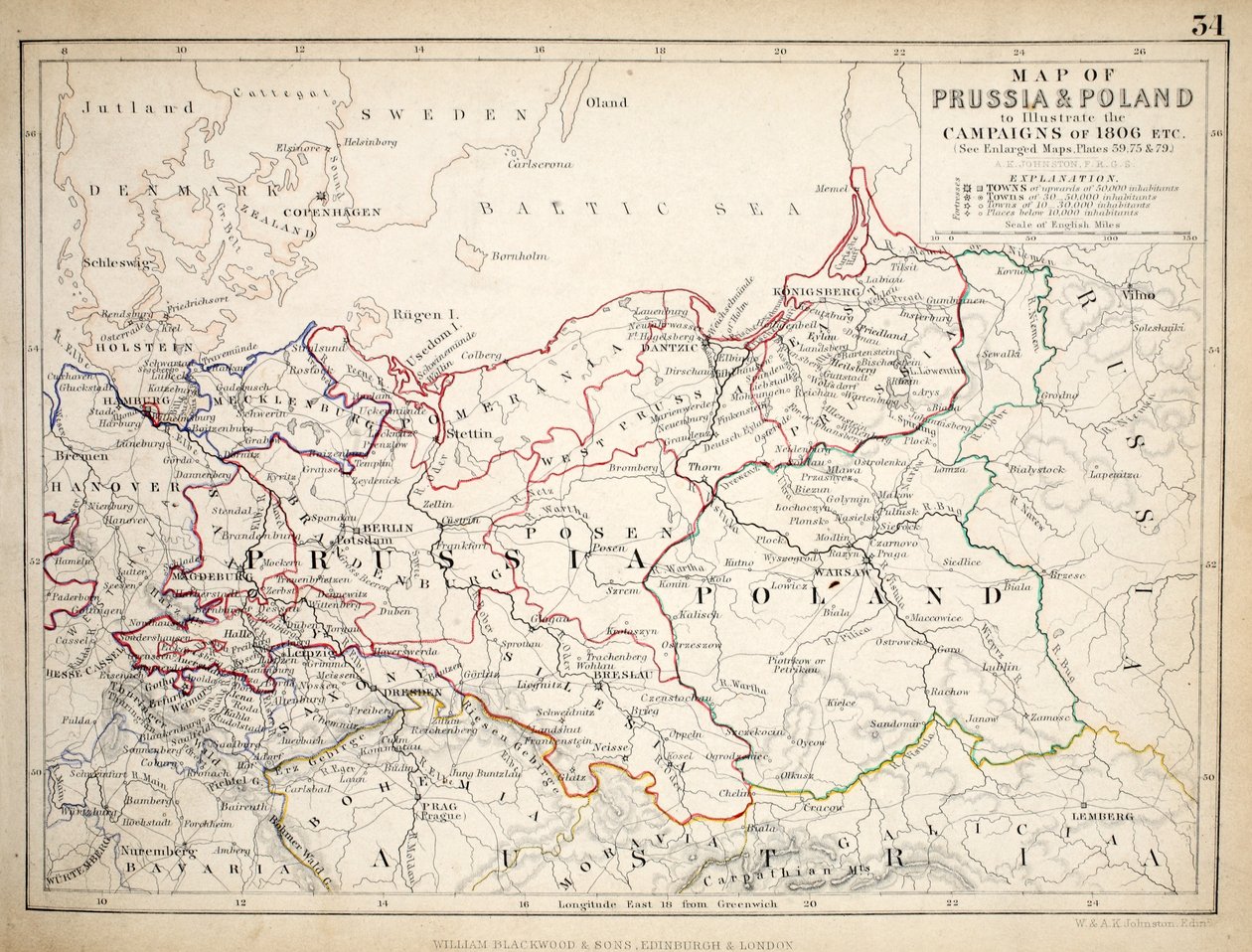 Karte von Preußen und Polen, veröffentlicht von William Blackwood and Sons, Edinburgh und London, 1848 von Alexander Keith Johnston