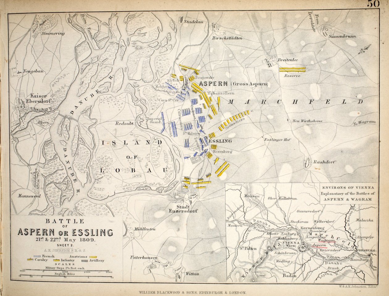 Karte der Schlacht von Aspern oder Essling, veröffentlicht von William Blackwood and Sons, Edinburgh und London, 1848 von Alexander Keith Johnston