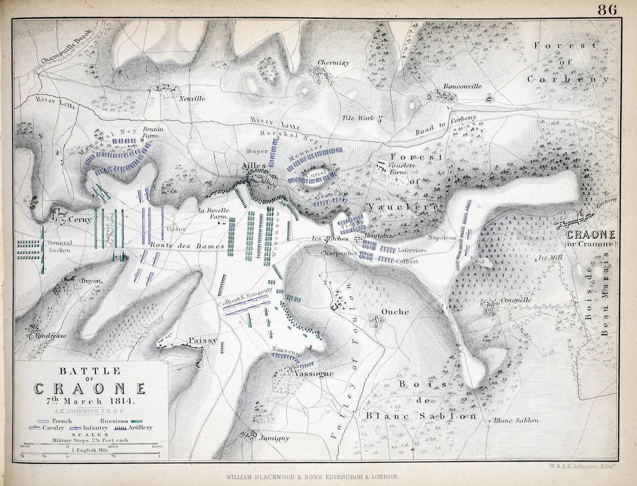 Karte der Schlacht von Craone, veröffentlicht von William Blackwood und Sons, Edinburgh und London, 1848 von Alexander Keith Johnston