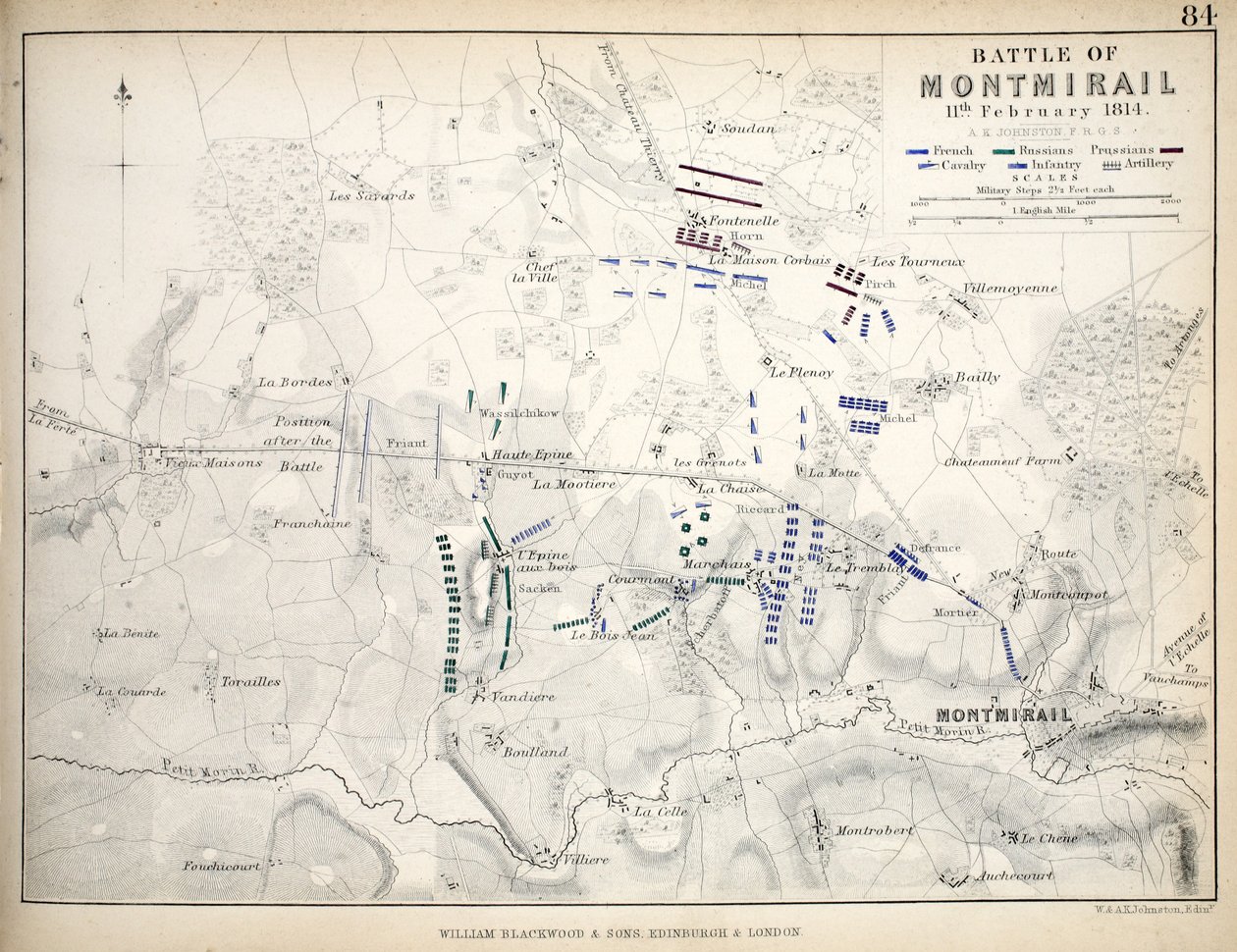 Karte der Schlacht von Montmirail, veröffentlicht von William Blackwood und Sons, Edinburgh und London, 1848 von Alexander Keith Johnston