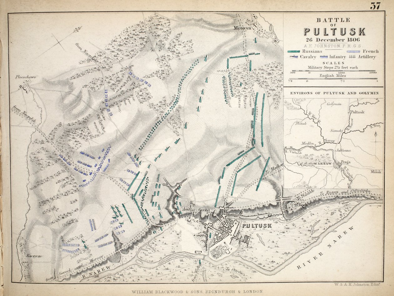 Karte der Schlacht von Pultusk, veröffentlicht von William Blackwood und Sons, Edinburgh und London, 1848 von Alexander Keith Johnston