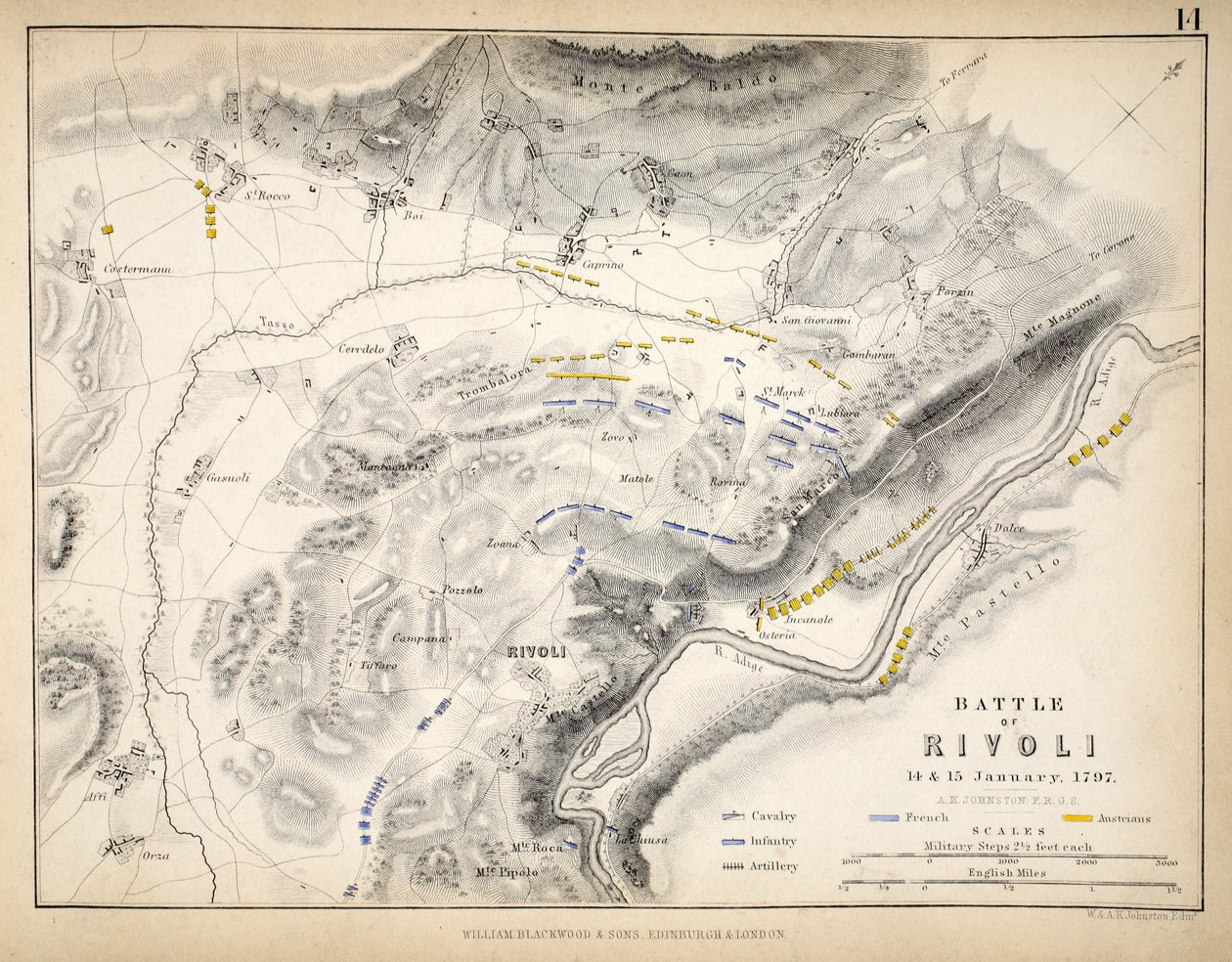 Karte der Schlacht von Rivoli, veröffentlicht von William Blackwood und Sons, Edinburgh und London, 1848 von Alexander Keith Johnston