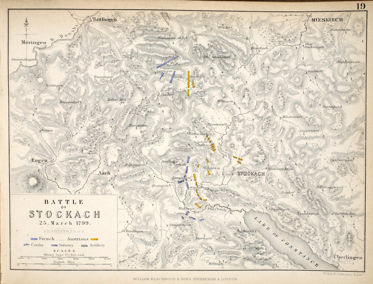 Karte der Schlacht von Stockach, veröffentlicht von William Blackwood and Sons, Edinburgh und London, 1848 von Alexander Keith Johnston