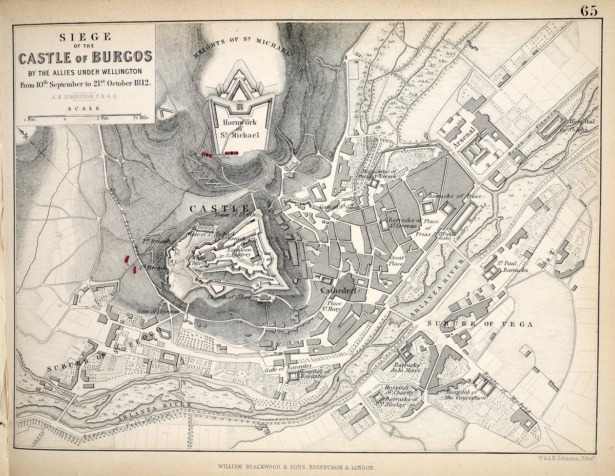 Karte der Belagerung der Burg von Burgos, veröffentlicht von William Blackwood and Sons, Edinburgh und London, 1848 von Alexander Keith Johnston