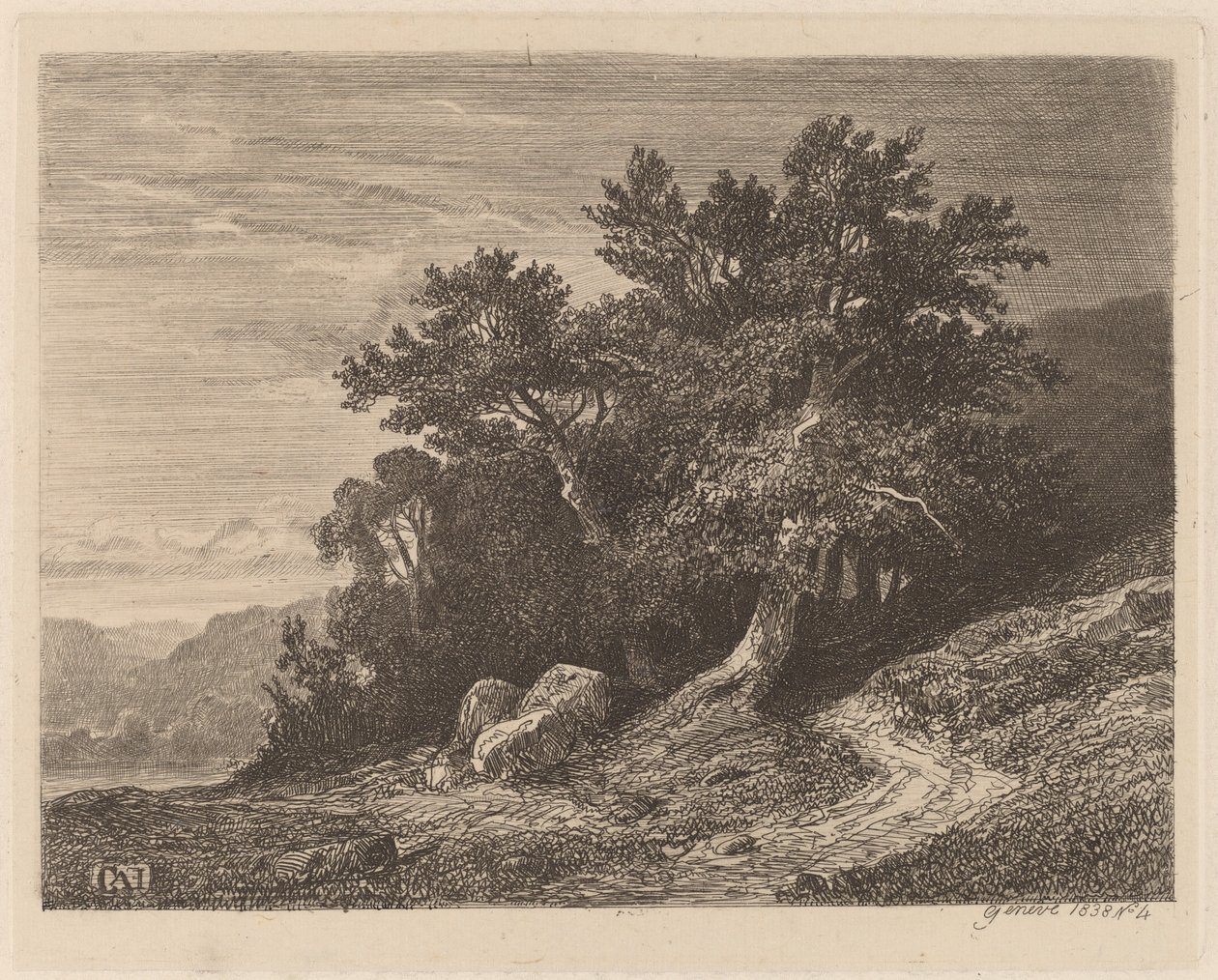 Alte Bäume auf einem Hügel von Alexandre Calame