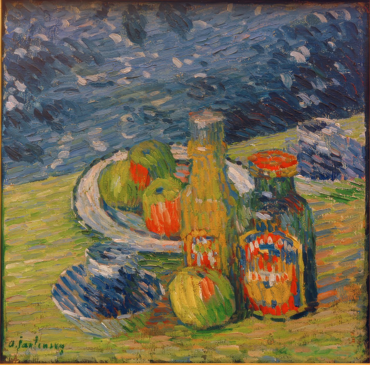 Stillleben mit Flaschen, Obstschale und Tasse von Alexej von Jawlensky