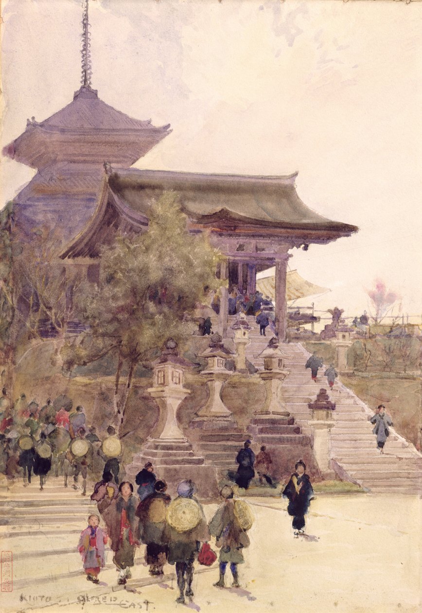 Der Eingang zum Tempel von Kiyomizu-Dera, Kyoto, mit aufsteigenden Pilgern von Alfred East