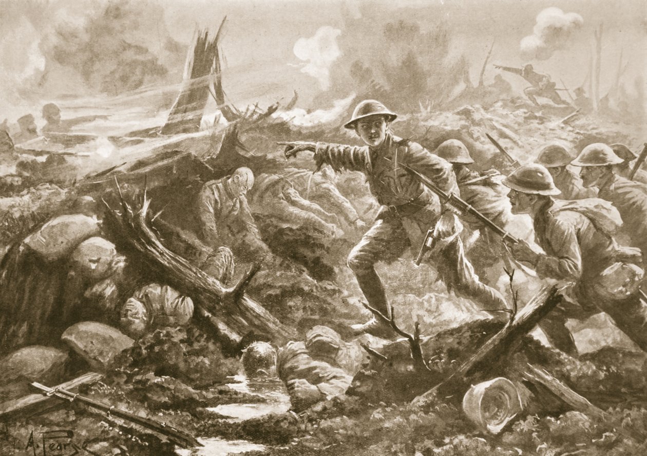 Leutnant (vorübergehender Oberstleutnant) R.B. Bradford, MC, sammelt die Männer eines anderen Bataillons und führt sie mit seinem eigenen Bataillon vorwärts von Alfred Pearse