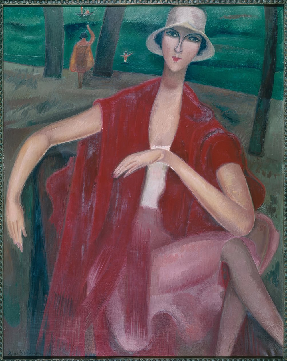 Frau in Rot am Ufer von Alice Bailly