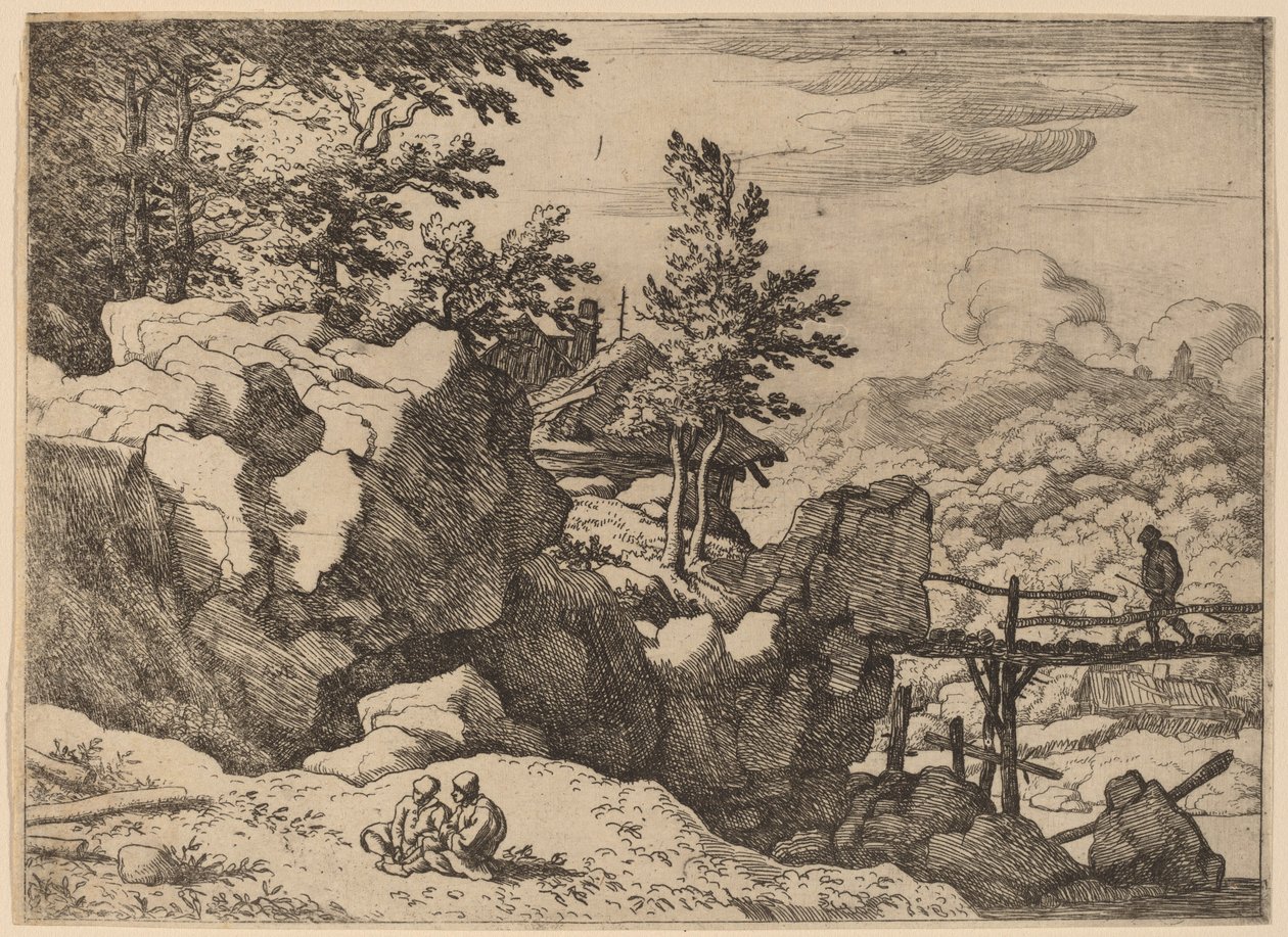 Mann auf einer kleinen Holzbrücke von Allart van Everdingen