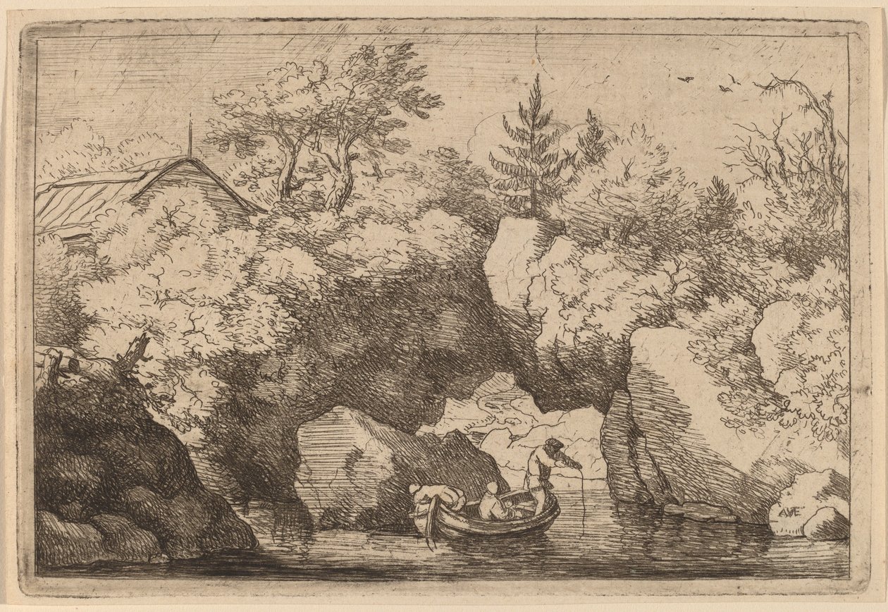 Boot unter einem gespaltenen Felsen von Allart van Everdingen