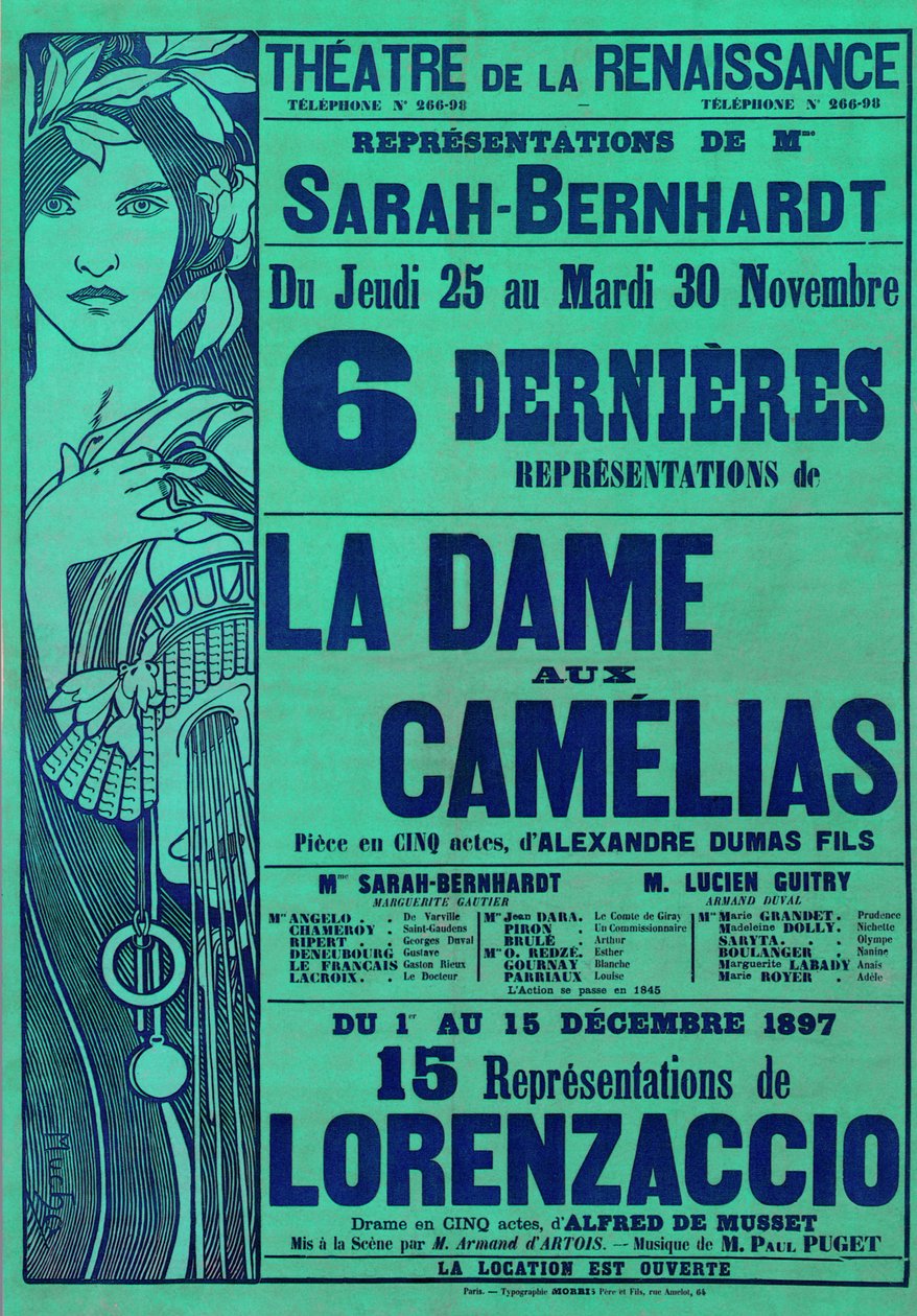 Plakat für La Dame aux Camelias von Alexandre Dumas und Lorenzaccio von Alfred de Musset, mit Sarah Bernhardt, Theatre du Renaissance, Paris, 1897 von Alphonse Mucha
