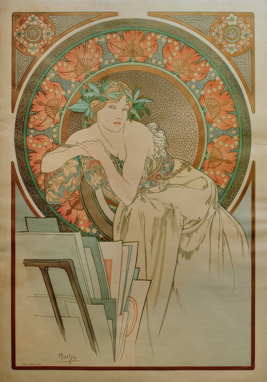 Frau mit Mohnblumen und Graphikmappe von Alphonse Mucha