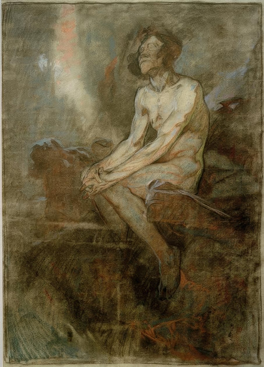 Männlicher Akt auf einem Felsen sitzend von Alphonse Mucha