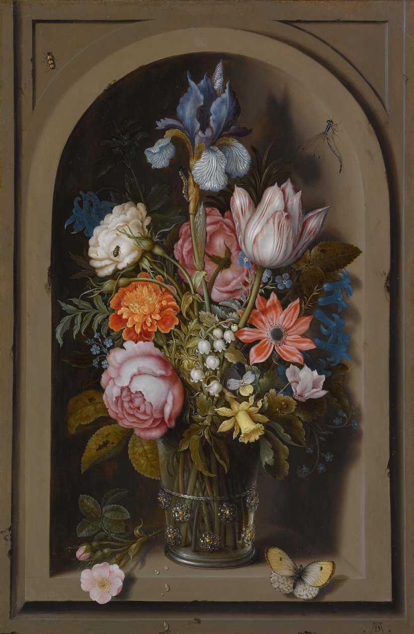 Stillleben mit Blumen in einem Glasbecher in einer Marmornische von Ambrosius the Elder Bosschaert