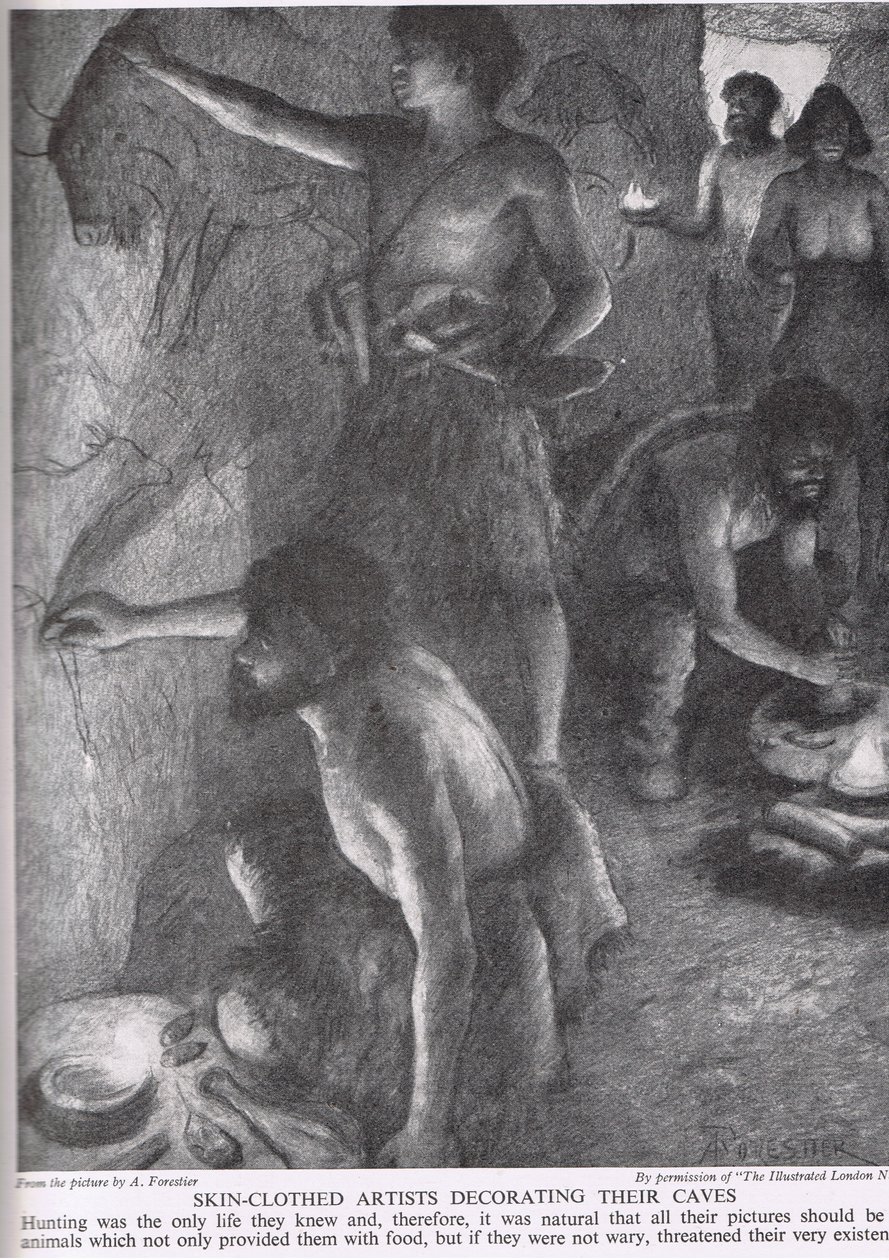Mit Fell bekleidete Künstler dekorieren ihre Höhlen, Illustration aus 
