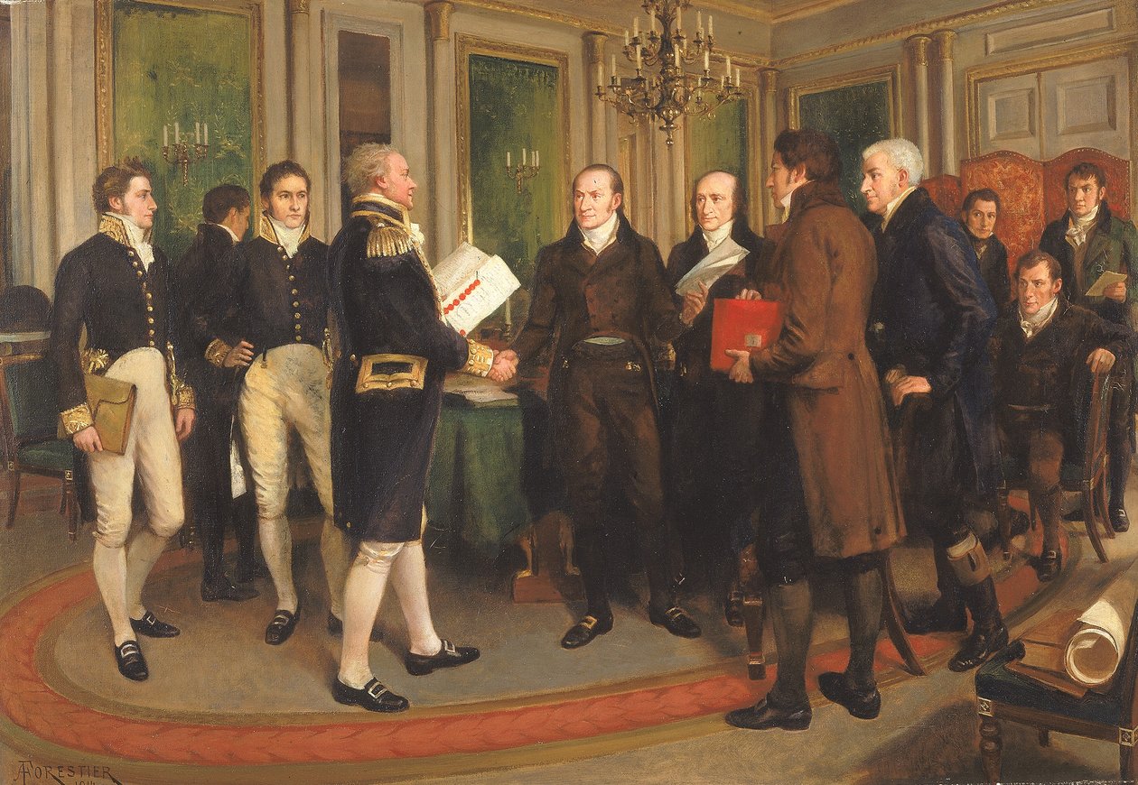 Die Unterzeichnung des Vertrags von Gent, Heiligabend 1814, 1914 von Amedee Forestier
