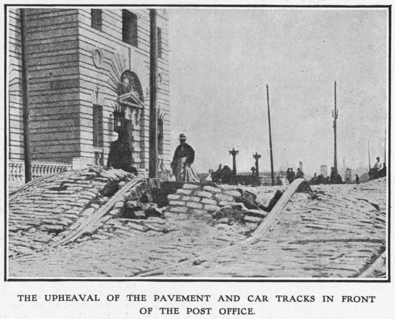 Die Aufwölbung des Pflasters und der Straßenbahnschienen vor dem Postamt nach dem Erdbeben von San Francisco 1906 von American Photographer