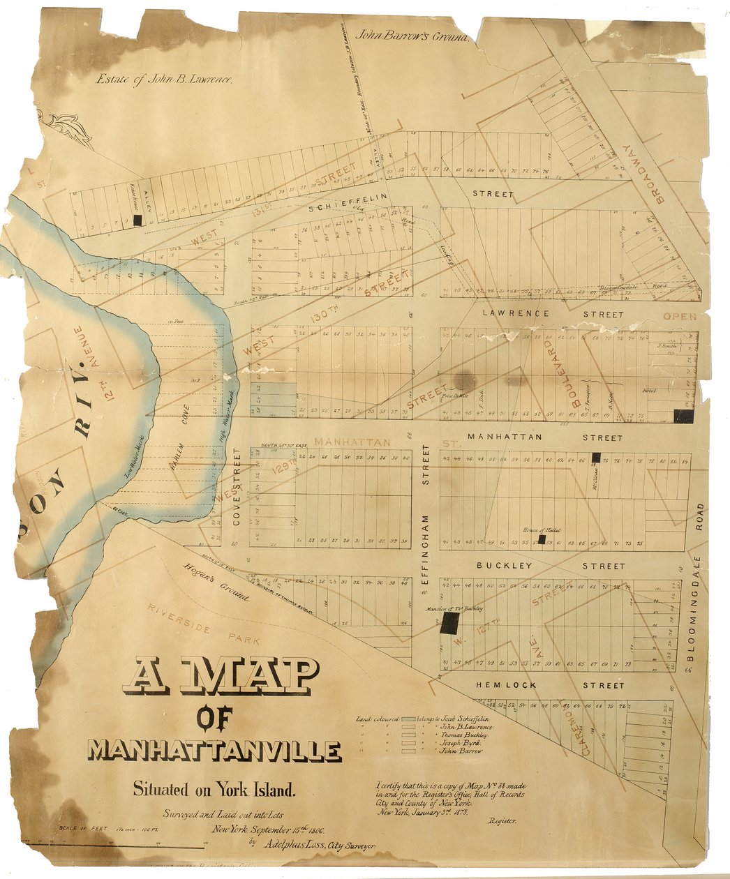 Eine Karte von Manhattanville auf der York-Insel, vermessen und in Parzellen aufgeteilt von Adolphus Loss, 1806 von American School