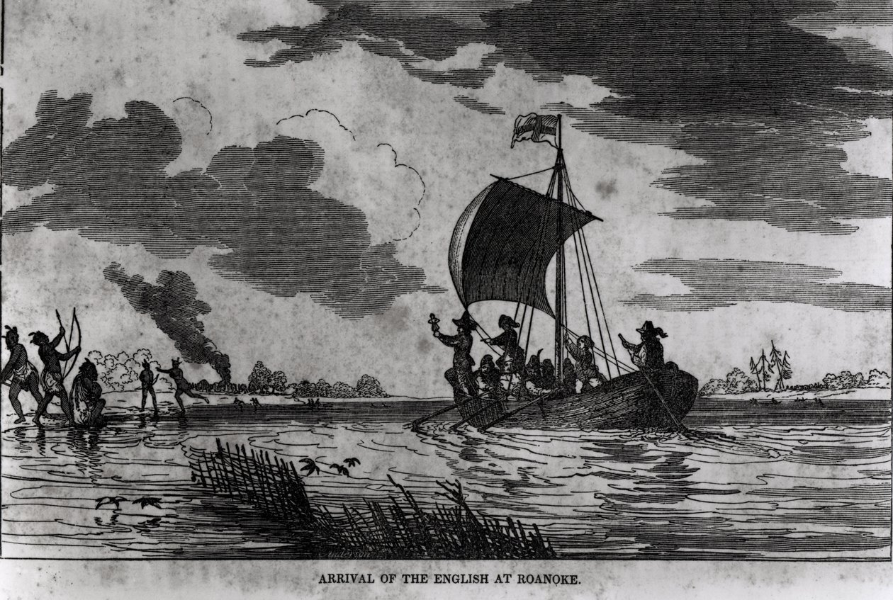 Ankunft der Engländer in Roanoke, 1587, aus Justin Winsors 
