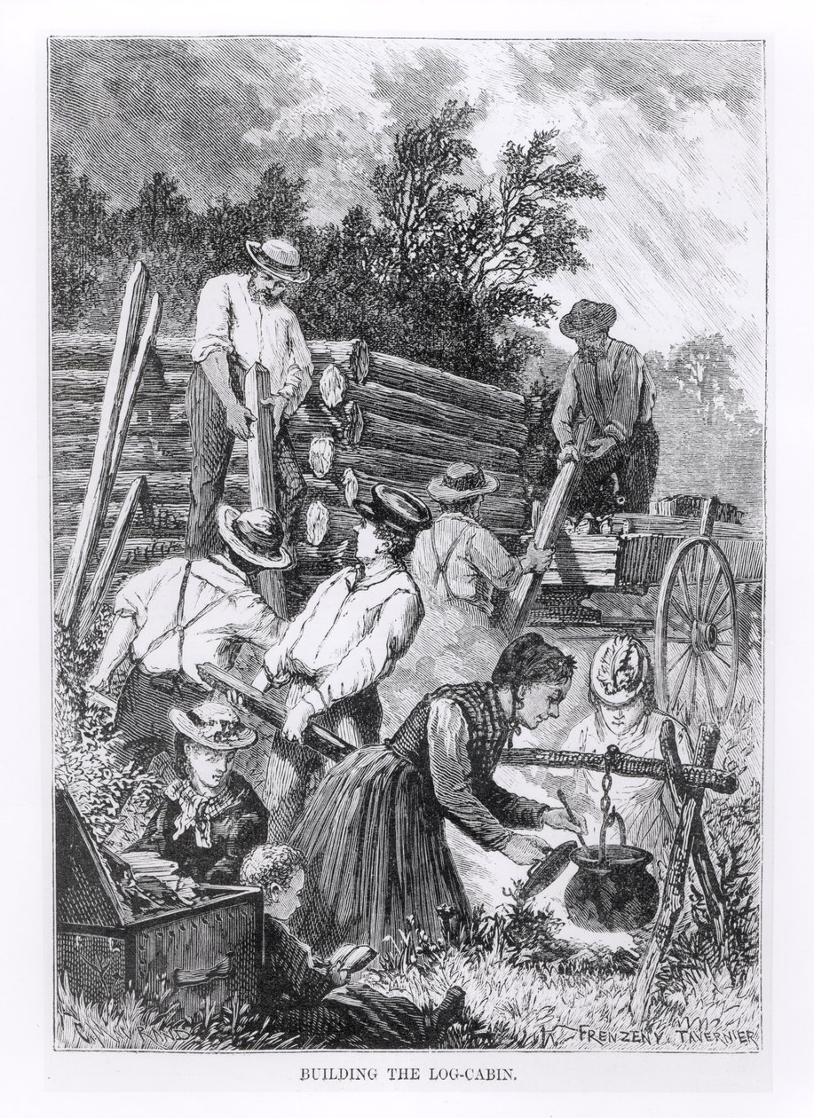 Bau der Blockhütte, graviert von Charles Maurand von American School