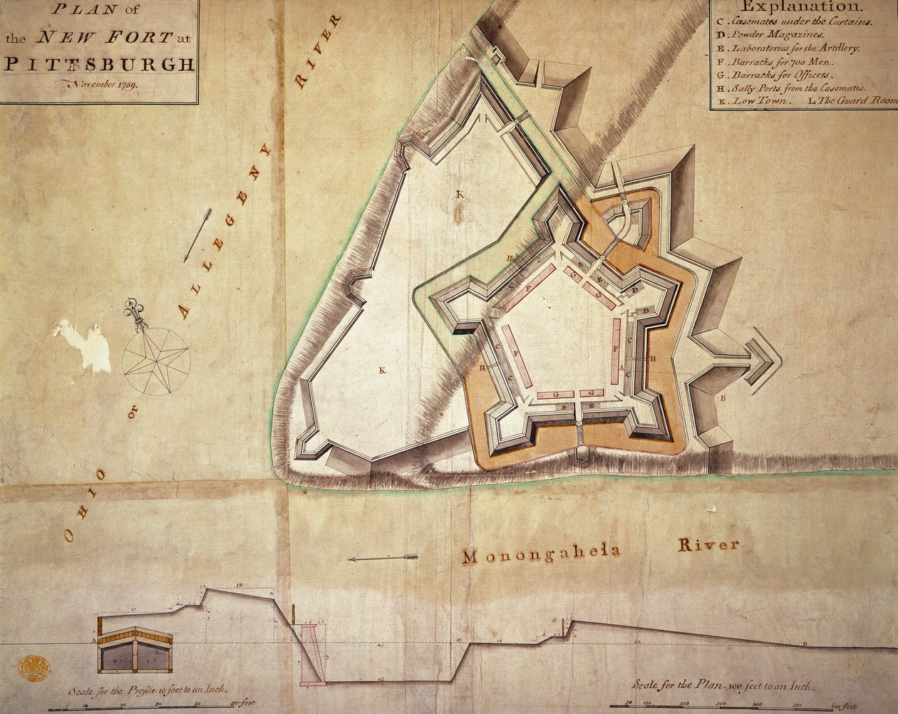 Plan des neuen Forts in Pittsburgh, November 1759 (handkolorierte Gravur) von American School