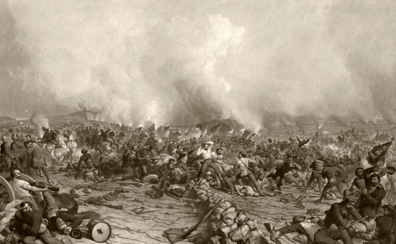 Die Schlacht von Gettysburg, nach einem Stich aus dem 19. Jahrhundert von John Sartain nach einem Gemälde von P.F. Rothermel von American School