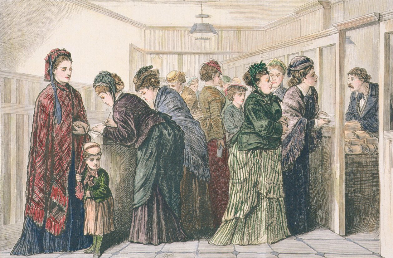 Frauen im Zeitungsbüro, die Anzeigen für Arbeit aufgeben, New York, 1874 von American School