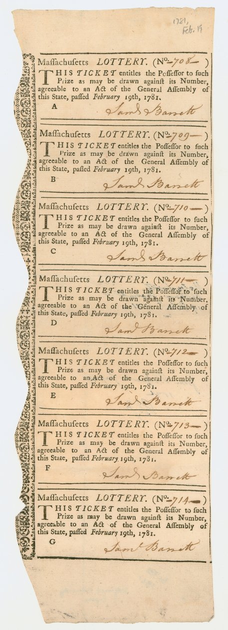 Lotterielose, Massachusetts-Lotterie, 1781 von American School
