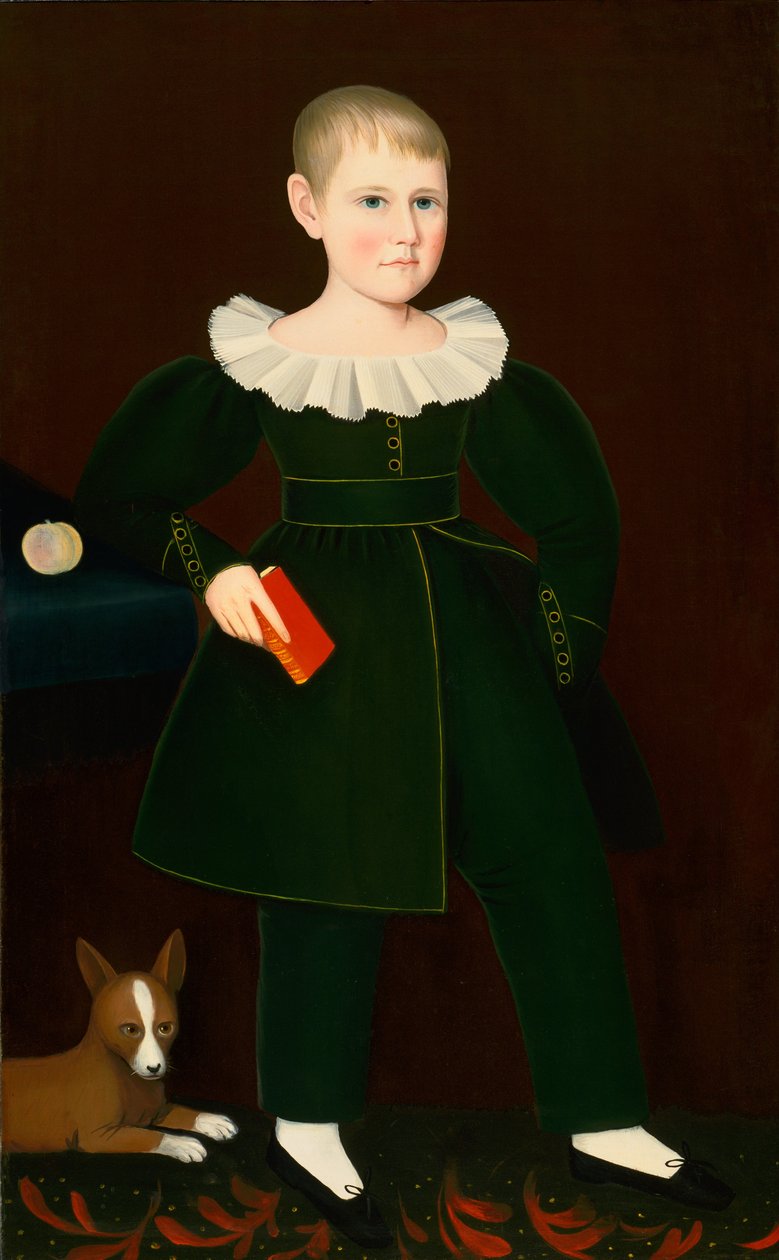 Blonder Junge mit Fibel, Pfirsich und Hund von Ammi Phillips