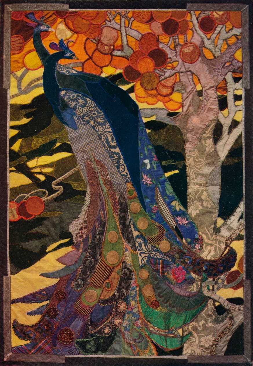 Pfauen-Panel in Patchwork, um 1920 von Amy Sawyer