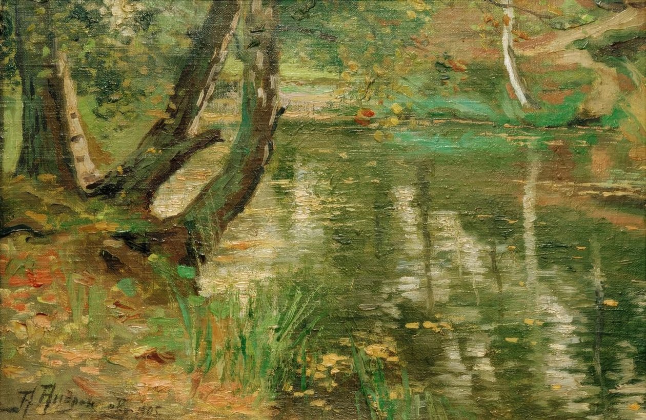 Sommerliche Flusslandschaft mit Bäumen von Anatolij Fedorovich Andronov