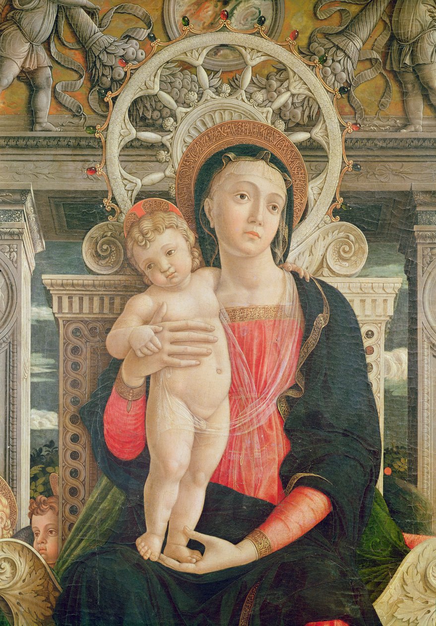 Altarbild von St. Zeno von Verona, Detail des zentralen Panels, das die Jungfrau und das Christkind darstellt (Detail) von Andrea Mantegna