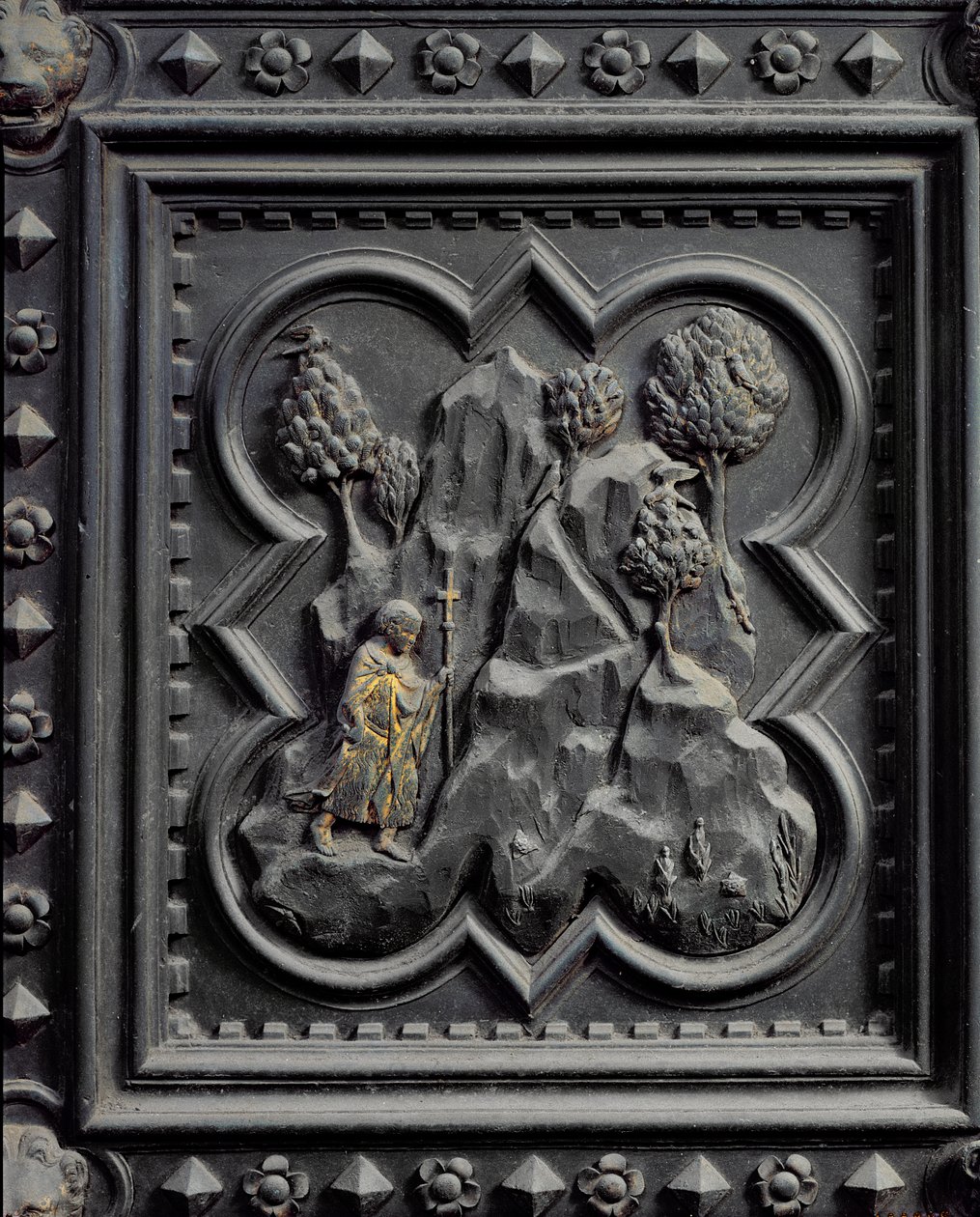 Johannes der Täufer als Junge in der Wüste, sechstes Panel der Südtüren des Baptisteriums von San Giovanni, 1336 von Andrea Pisano