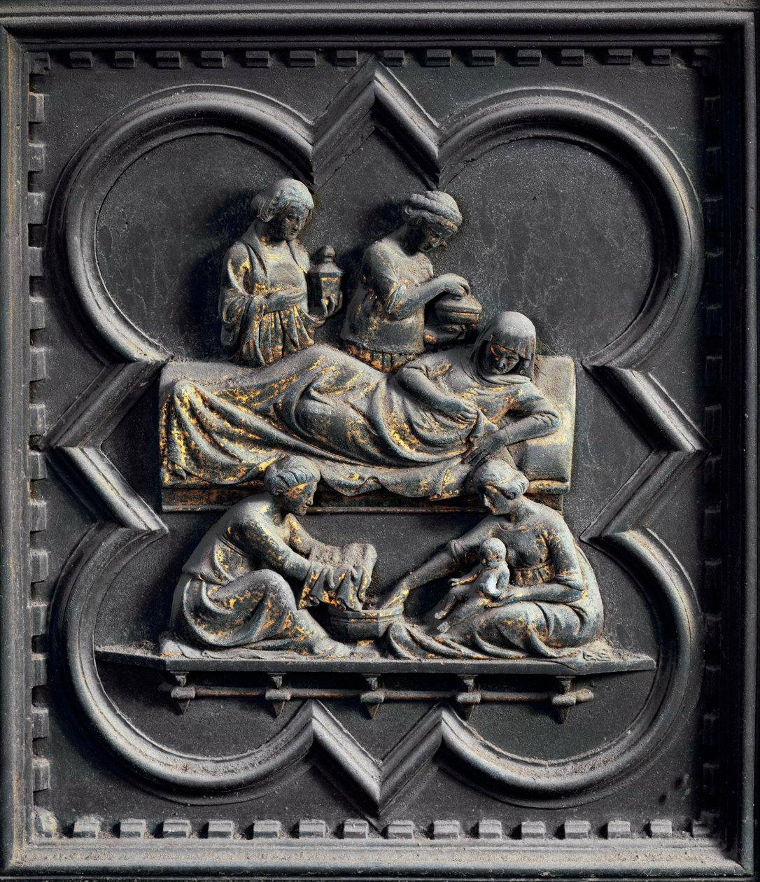 Die Geburt des Heiligen Johannes des Täufers, viertes Panel der Südtüren des Baptisteriums von San Giovanni, 1336 von Andrea Pisano