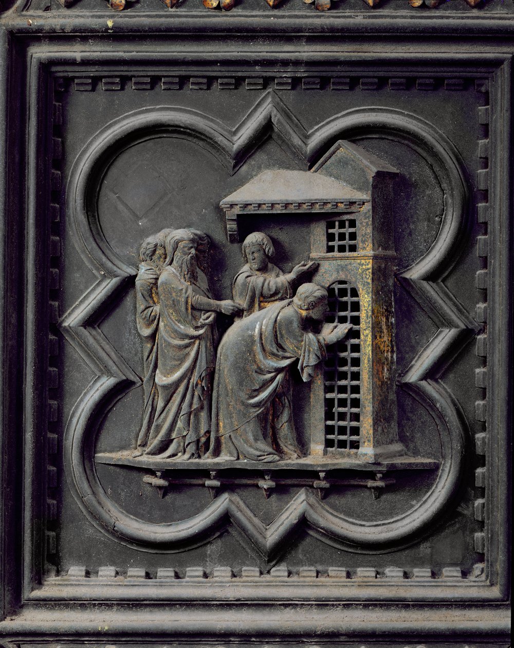 Die Jünger besuchen Johannes den Täufer, dreizehntes Panel der Südportale des Baptisteriums von San Giovanni, 1336 (Bronze) von Andrea Pisano