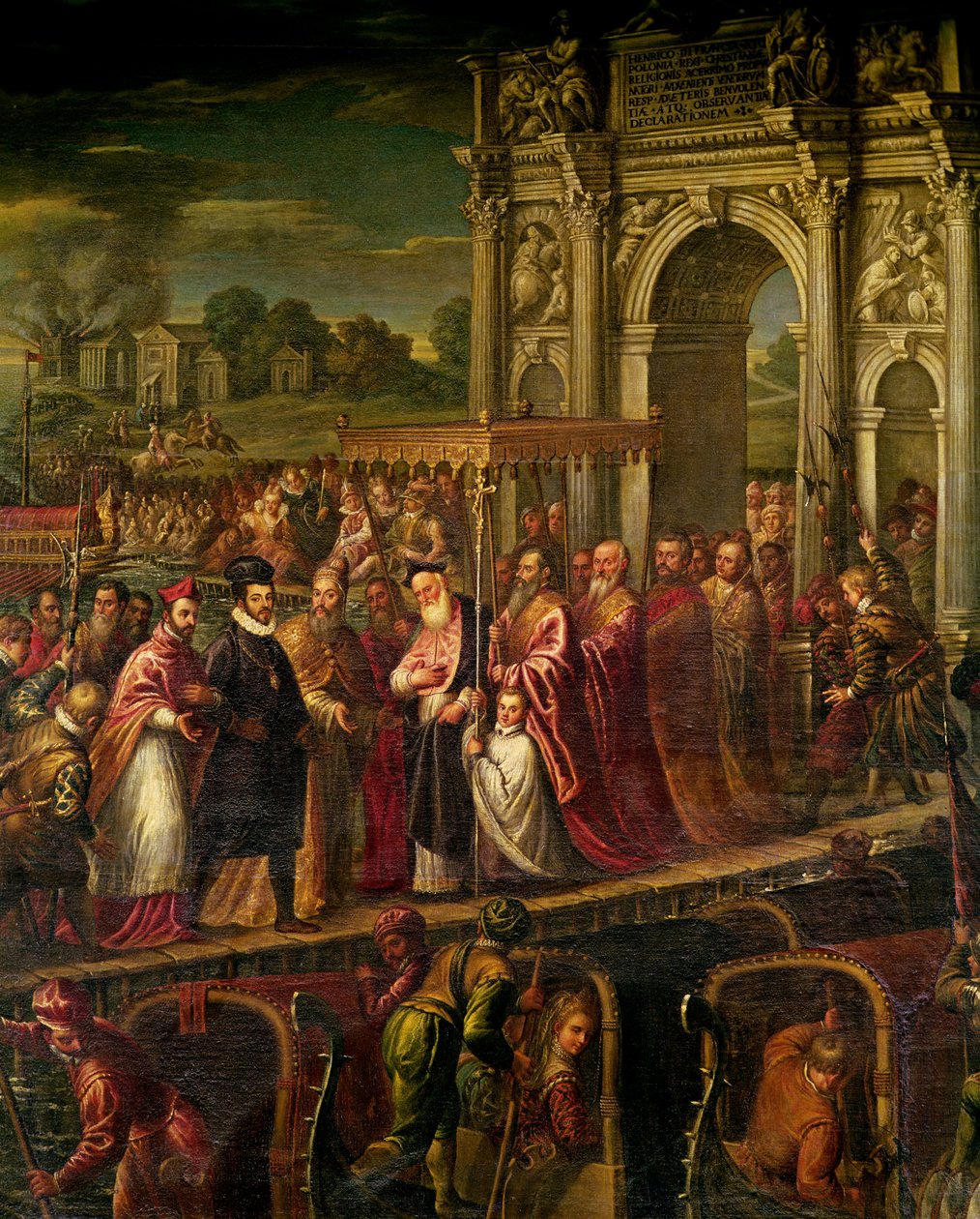 König Henri III (1551-89) von Frankreich besucht Venedig im Jahr 1574, begleitet von Doge Alvise Mocenigo (1570-77) und empfangen vom Patriarchen Giovanni Trevisan, aus dem Raum der vier Türen von Andrea Vicentino