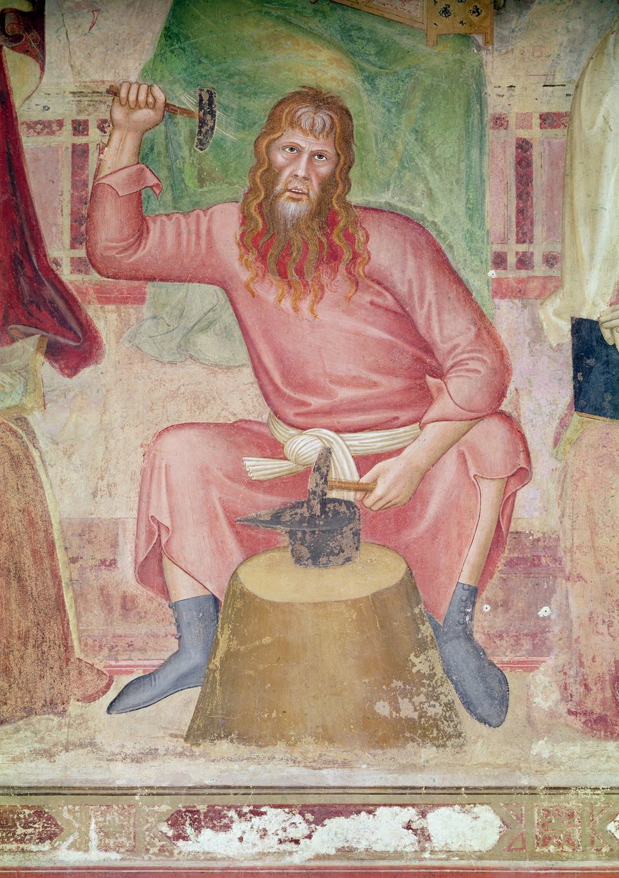 Die Allegorie der aktiven und triumphierenden Kirche, Detail eines Abschnitts unten rechts, der Tubal-cain zeigt, ca. 1366-68 von Andrea di Bonaiuto