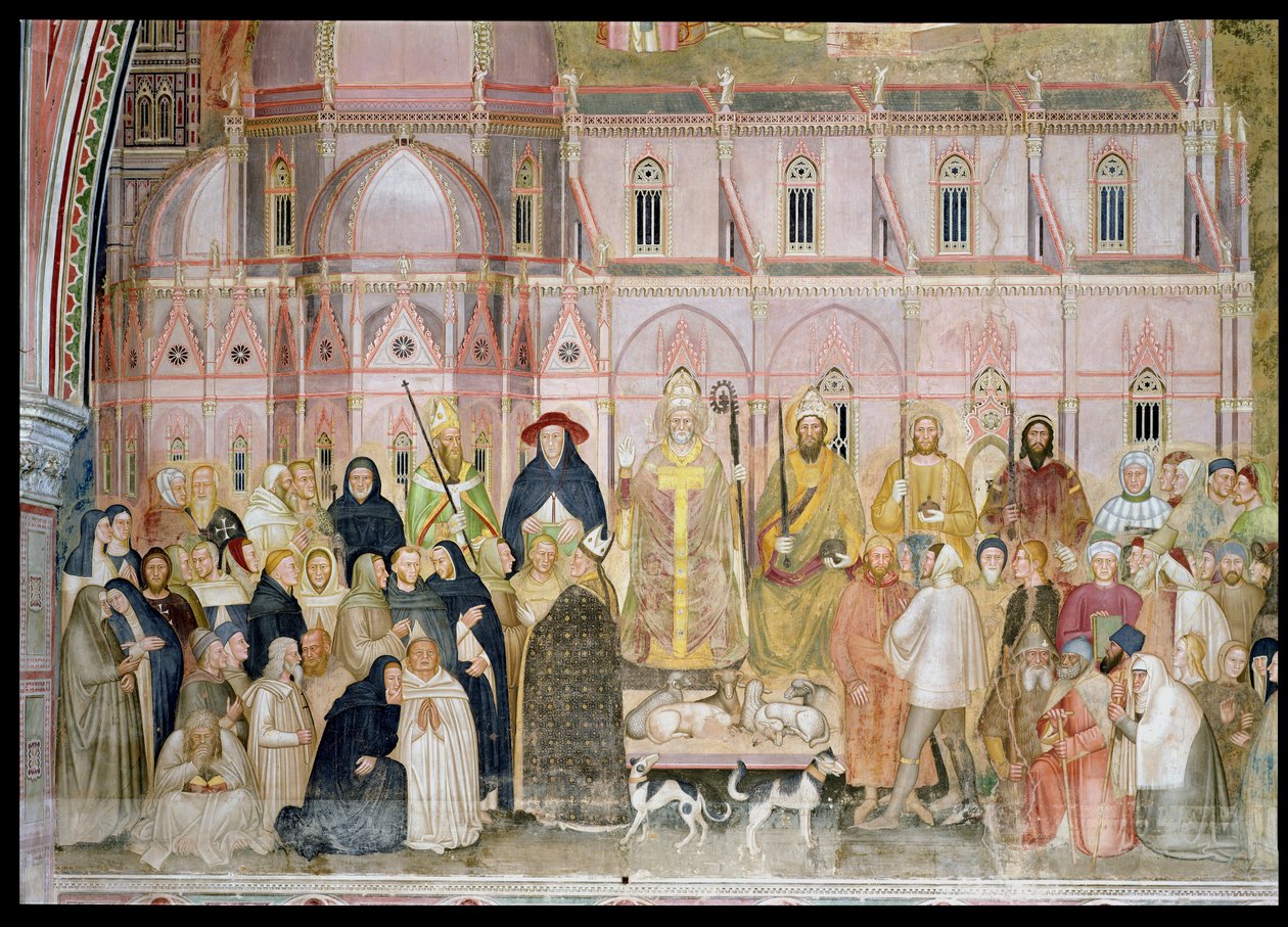 Die Kirche Militante und Triumphierende, Detail der weltlichen Autoritäten mit Santa Maria del Fiore im Hintergrund, aus der Spanischen Kapelle, ca. 1369 (Detail) von Andrea di Bonaiuto