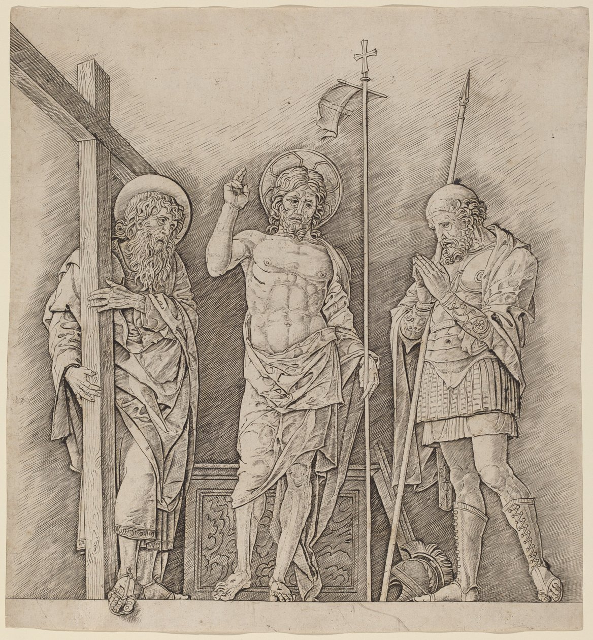 Der auferstandene Christus zwischen den Heiligen Andreas und Longinus von Andrea Mantegna