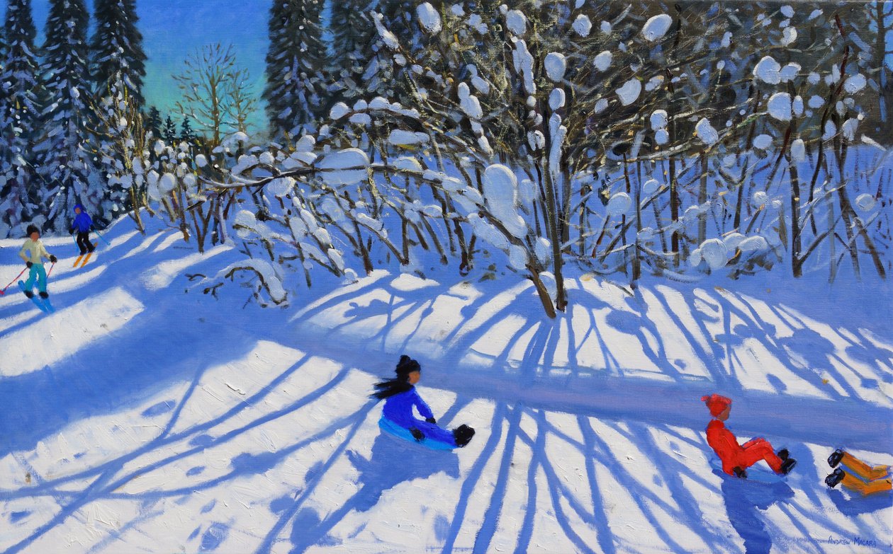 Schlittenfahren und Skifahren auf dem Trail, Morzine von Andrew Macara