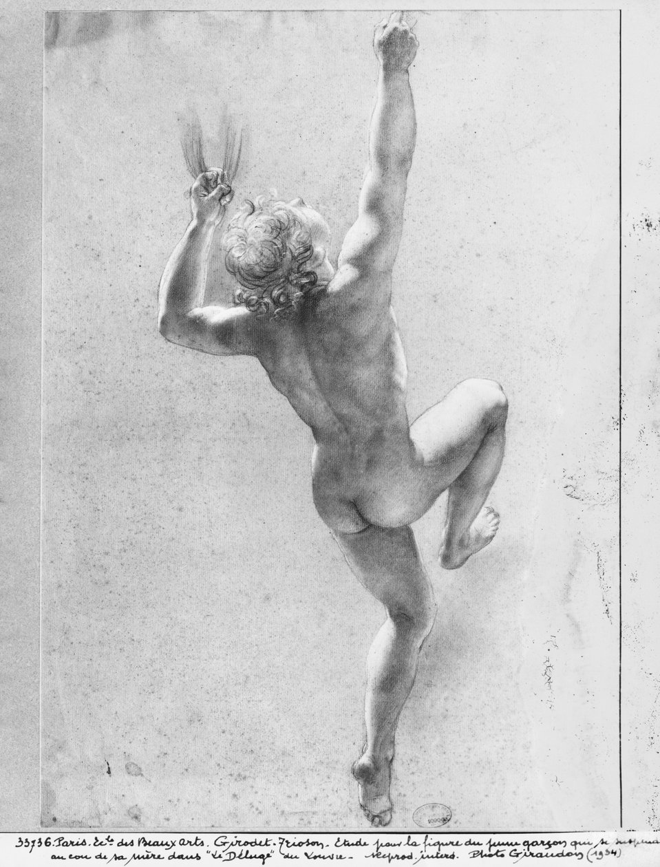 Flutszene, Studie des nackten Jungen (schwarzer Bleistift und Kreide auf grauem Papier) von Anne Louis Girodet de Roucy Trioson