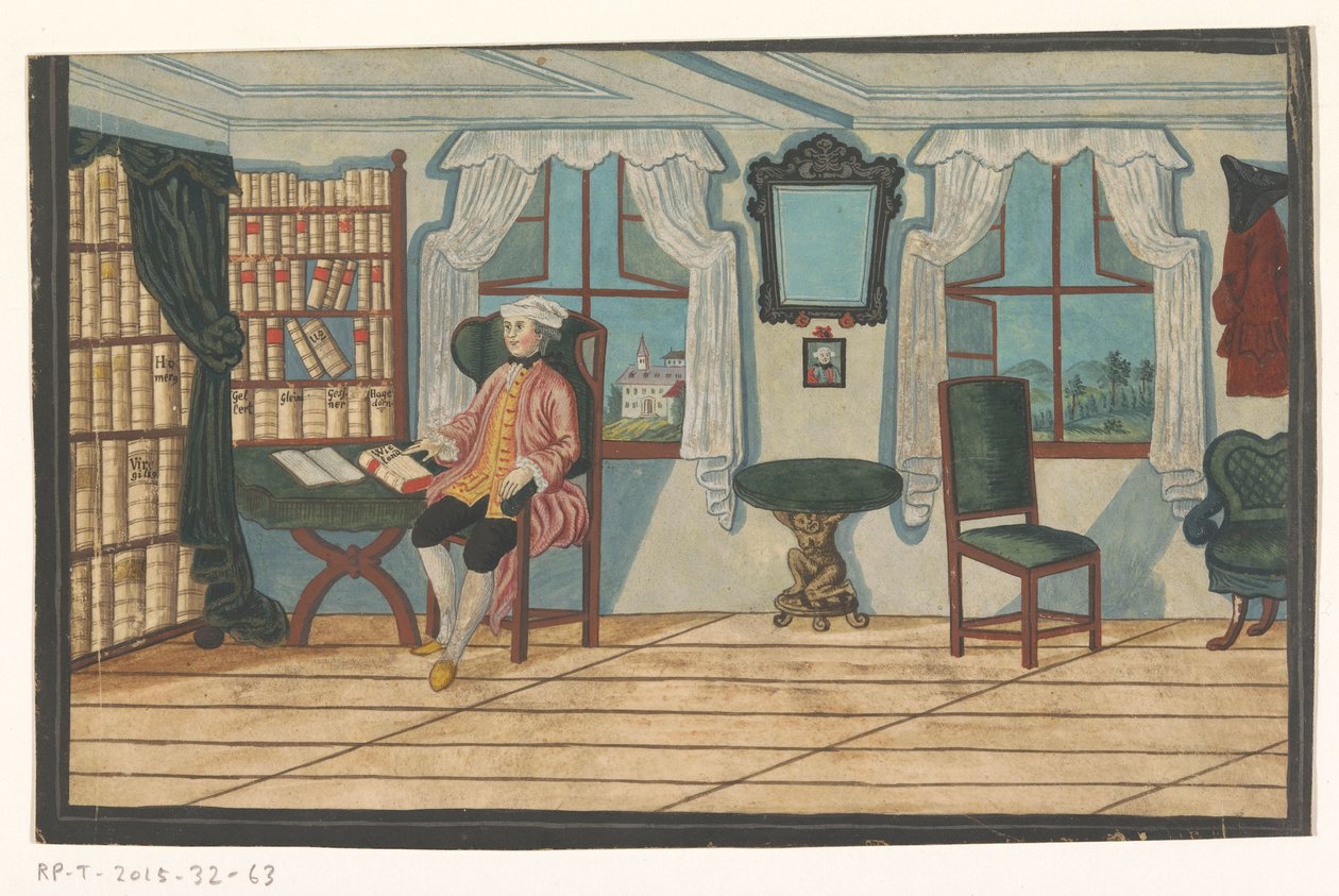 Interieur mit einem Mann vor einem Bücherregal von Anonymous