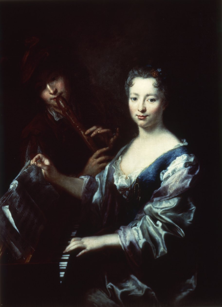 Dame spielt ein Spinett und ein Flötist von Antoine Pesne