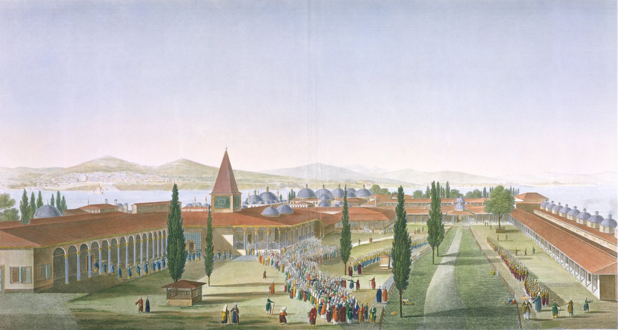 Ansicht des inneren Hofes des Serails, Topkapi-Palast, Konstantinopel, graviert von Schroeder und Desmaisons, 1815 von Anton Ignaz Melling